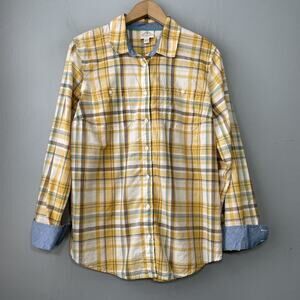 St Johns Bay Button Up Shirt Women Size Large Yellow Plaid Cotton Country Casual